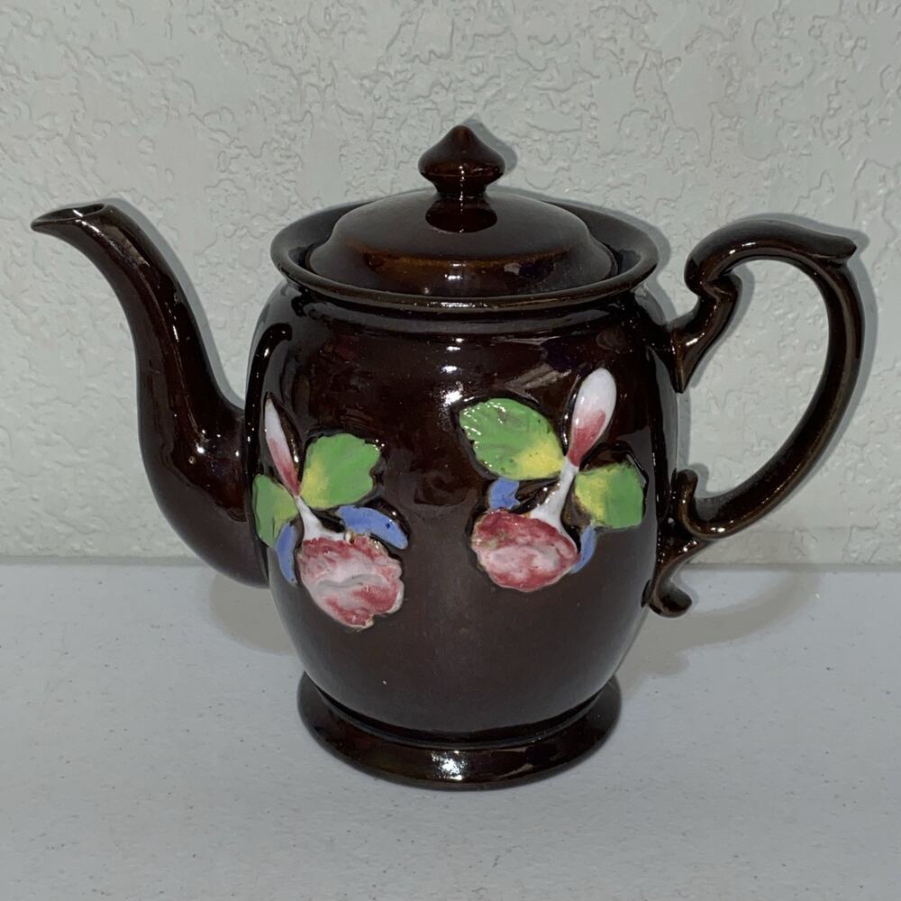 Vintage Made In Occupied Japan Hand Painted Brown Floral Teapot‎ 3D Flowers 5”